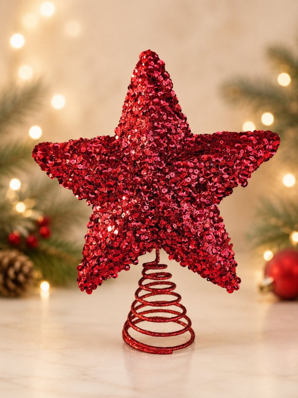 Red Sequin Star Christmas Tree Topper Holiday Décor
